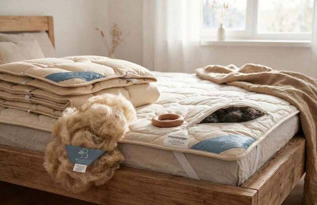 Opgemaakt bed met linnen beddengoed in ochtendlicht